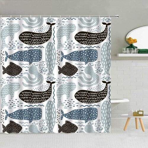 Cartoon Ocean Animal Scenery Shower Curtain Lighthouse Whale Starfish Child Bathroom Decor Waterproof Cloth Hooks Curtain Set