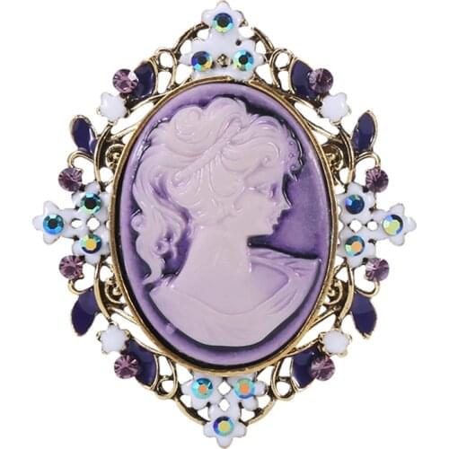 Wuli&baby Enamel Flower Beauty Women Round Badge Brooches 2-color Lady Head Party Office Brooch Pins Gifts