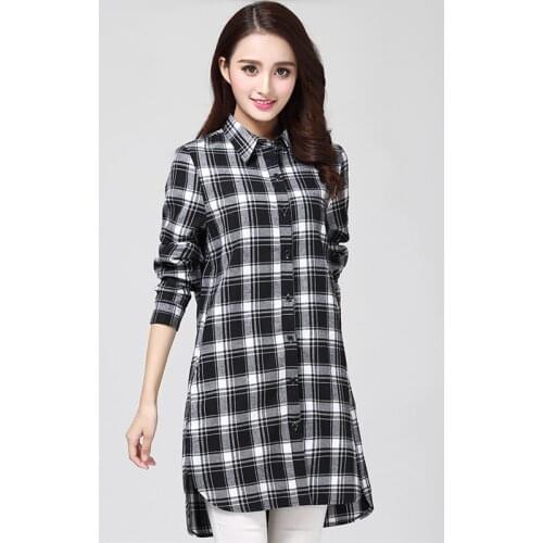 Women Long Shirt Spring Autumn 2021 New Fashion Plaid Stripe Brushed Cotton Shirts Loose Girls Tops Blouse Female Plus Size