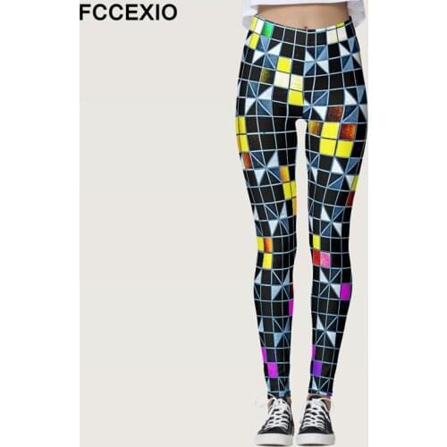 FCCEXIO 3D Print Women Leggings Square Pattern Multicolor Sexy Elastic Tight Fitness Leggins Female Sporting Mid Waist Legins