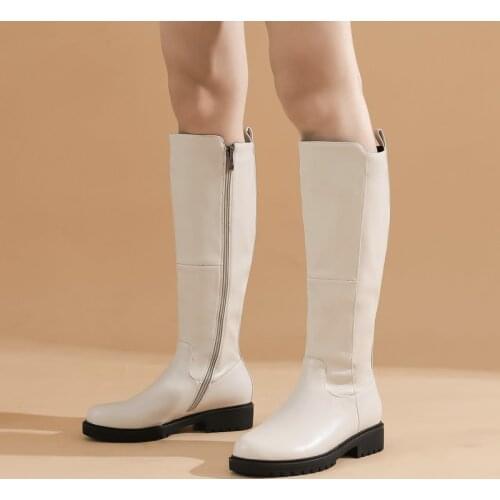Female Knee Boots Fashion Round Head Autumn Winter New Style Lady Comfortable Low Heel PU Loose Women Shoes Zipper Knight Boots