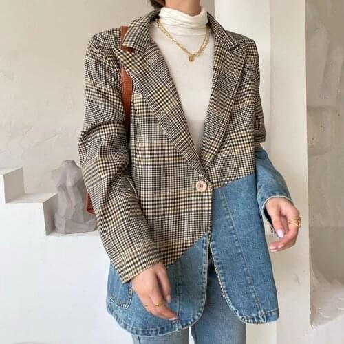 Women Blue Plaid Denim Big Size Blazer New Lapel Long Sleeve Loose Fit Jacket Fashion Windbreaker 2021 Spring Autumn Outerwear