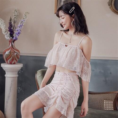 Korean Swimming Suit for Women Bikini Set Two Piece Swimwear Ruffle Swimsuits with Skirt Lace Female Solid Swim Bathing Suits