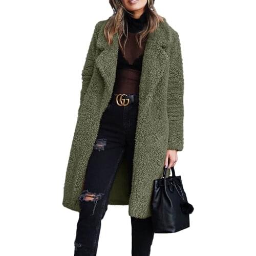 Long Sleeve Lapel Solid Color Women Plush Top Autumn Winter 2020 Cool Fashion Street Style Thickened Button Less Coat Plus Size