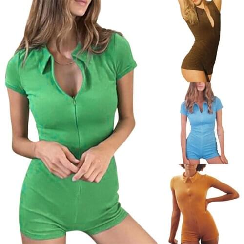 Women Summer Bodysuit, Solid Color Neck Short Sleeve Zipper-Open Tight Jumpsuit for Girls, 4 Colors