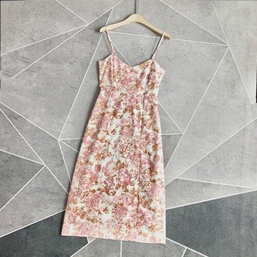Women Dress 2021 Spring and Summer Retro Peony Print Mid-length Suspender Dress