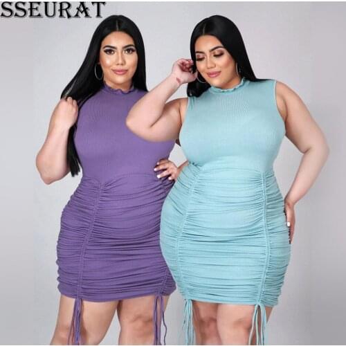 SSEURAT Plus Size Women O-neck Sleeveless Dress Summer New Arrivals Shirring Lace-up Bodycon Ladys Mini Party Dresses