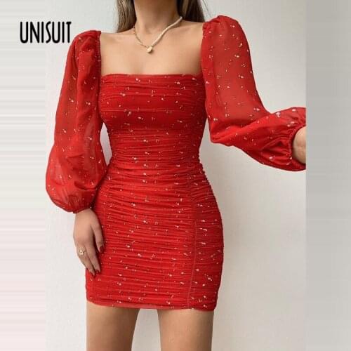 2021 Women Pullover Party Dress Sexy Long Sleeve Bodycon Ladies Mini Dress Fashion Autumn Square Collar Mesh Elegant Sweet Dress