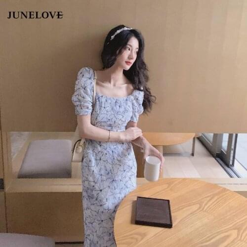JuneLove One Piece Dress Korean Short Sleeve Elegant Midi Dress Women Design Floral Vintage Dress Office Ladies 2021 Summer Chic