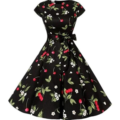 Elegant Black Women Dress Cherry O-Neck Womens Dress Dress Vintage 1950S Cap Sleeve Summer Rockabilly Swing Cocktail Party Dress
