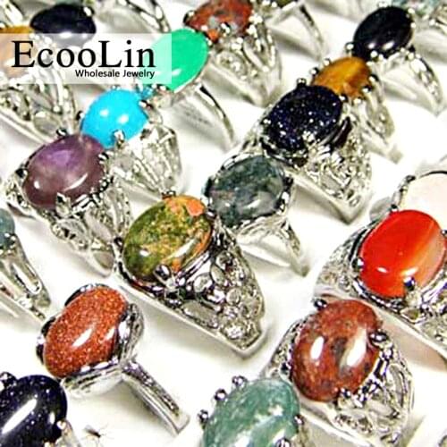 15Pcs Fashion Pretty Mixed Color Natural Stone Silver Plated Rings For Women Jewelry Bulks Lots LB020
