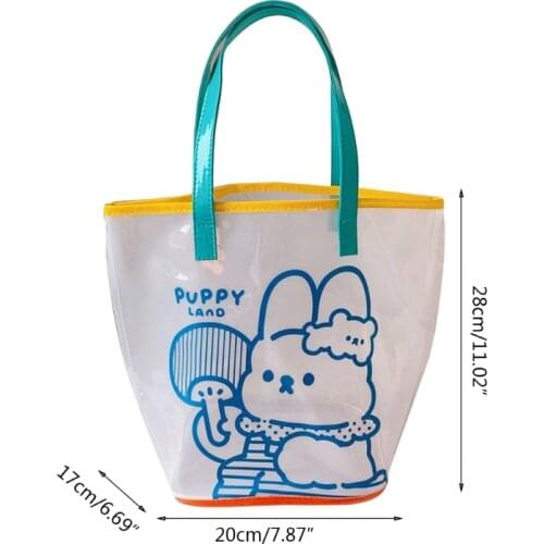50LB Women Girls Transparent PVC Jelly Beach Bag Cute Colorful Cartoon Bear Rabbit Print Waterproof Clear Handbag with Handle