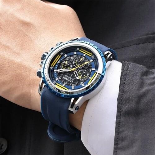 MEGIR Sports Quartz Watch Men Multifunctional Luminous Waterproof 24 Hours Chronograph Blue Silicone Watch Mens Watch 2143G