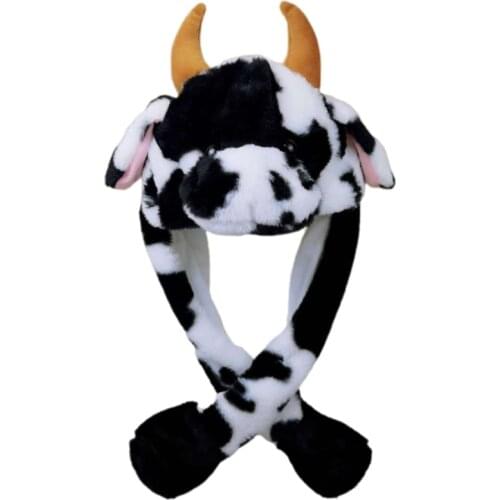 Adult Kids Light Up Plush Animal Hat with Moving Jumping Ears Multicolor Cartoon Milk Cow LED Glowing Earflap Cap Stuffed 094B