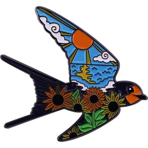 Rockabilly Swallow Tattoo Enamel Pin Flyin Brid Brooch Gorgeous animal flower sea view Badge Accessory