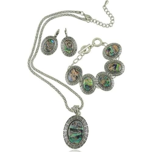 FYSL Silver Plated Oval Shape Abalone Shell Pendant Necklace Earrings Link Chain Bracelet Jewelry Set