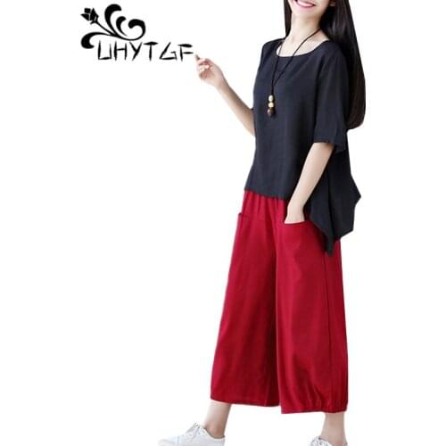 UHYTGF Oversized two piece set soft comfortable cotton linen casual summer sets female loose wide leg pants tracksuit women 1107