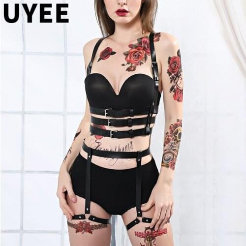 UYEE Sexy Women PU Leather Harness Belts Sets Black Body Bondage Bra Harness Waist Bondage Garter Belt Stockings Goth Lingerie
