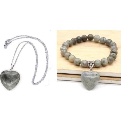 Kraft-beads Silver Plated Love Heart Labradorite Stone Pendant Elastic Bracelet Romantic Jewelry Set