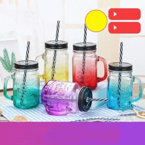 Creative Couple Cup Straw With Lid Glass Mason Cup Water Cup Adult Beverage Juice Cup Handle cup