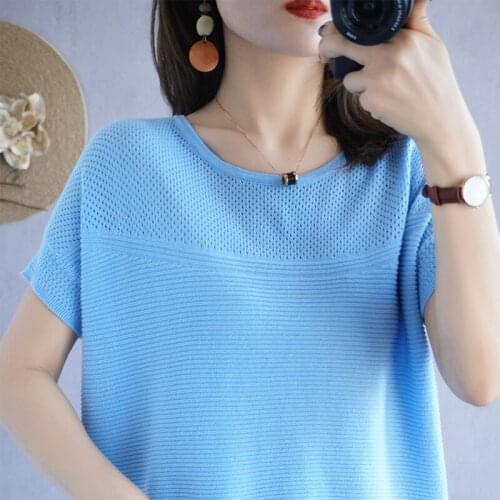 Summer 100%Pure Cotton Short-Sleeved Large Size Women' Hollow Round Neck 2021 New Knitted T-Shirt Korean Wild Loose Half Sleeves