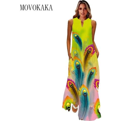 MOVOKAKA Feather Print Dress 2021 Beach Casual Plus Size Dresses Summer Sleeveless Loose Dresses For Women Long Sundress Elegant