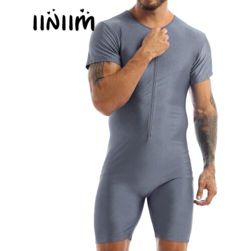Mens One-piece Body Curves Short Sleeve Front Zipper Soft Boxer Shorts Underwear Leotard Bodysuit Jumpsuit Costumes Clubwear