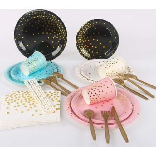 New Bronzing Dots Paper Plate Disposable Tableware Pink Gold Blue Rose Gold Napkin Paper Cups Decor Wedding Baby Shower Supplies