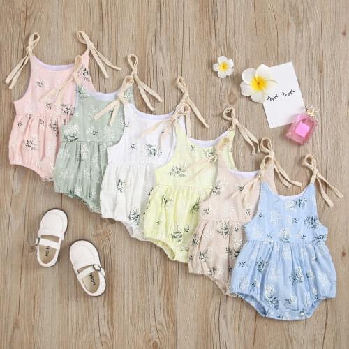 New Arrival Summer Baby Girls Bodysuits Clothes Cotton Casual Cute Floral Jumpsuit Sleeveless Lace Up Button Toddler Sunsuit