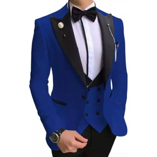 Slim Fit Royal Blue Wedding Men Suits for Prom Dinner Black Peaked Lapel Casual Groom Tuxedo 3 Piece Set Jacket Vest with Pants