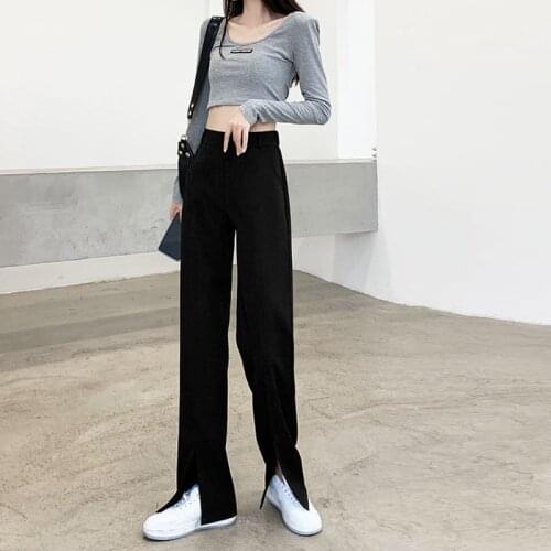 Solid Casual Womans Full Length Trousers High Waist Straight Pants for Female Plu Size Split Loose Ladies Pants with Pockets