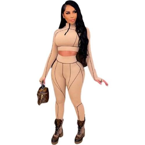 Solid Color Line Zipper Long Sleeve Graphic Neck Tops and Sweatpants Workout Sexy Two Piece Sweatsuit for Women Winter