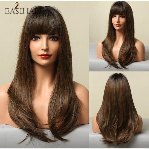 EASIHAIR Long Straight Synthetic Wigs for Women Black to Brown Ombre Daily Natural Hair Wigs Brown Hair Wig Heat Resistant