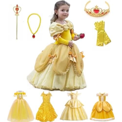 Princess Belle Dress for Girl Kids Floral Ball Gown Child Cosplay Bella Beauty and The Beast Costume Fancy Party