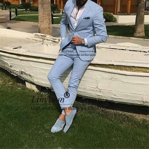 Light Sky Blue Mens Suits Slim Fit Notched Lapel Prom Blazers Beach Wedding Groomsmen Tuxedos For Male 2 Pieces (Jacket+Pants)