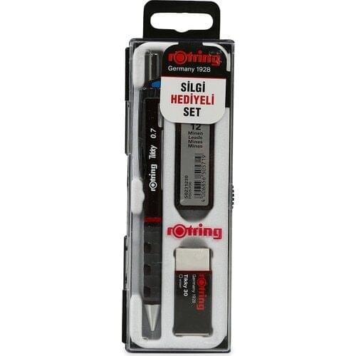 Rotring Tikky School Set 0.7mm Burgundy Versatil Pencil + Eraser + End Luxury Tip Pen