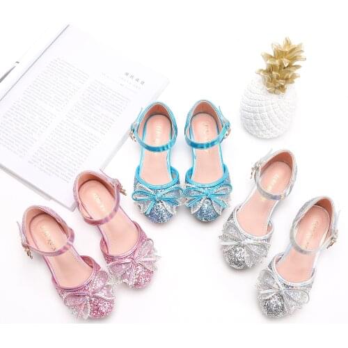 Summer Kids Shoes Princess Girls Party Dance Shoes Children Sandals Low Heel Glitter Sequins Round Toe Bow Shoes Sandals