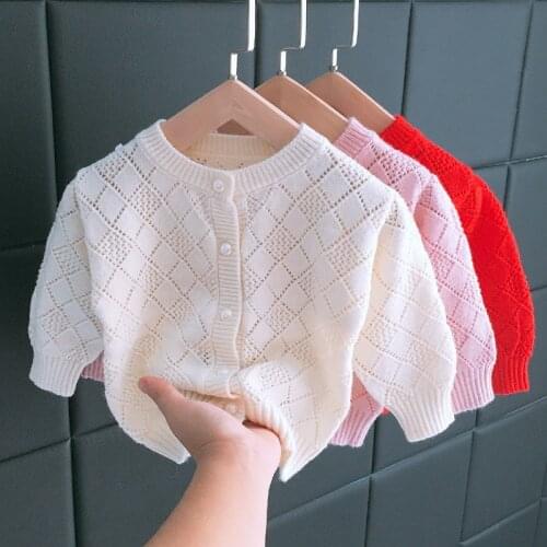 Spring 2021 new girls cardigan sweater thin solid color hollow baby sweater sweater cardigan kids toddler sweater