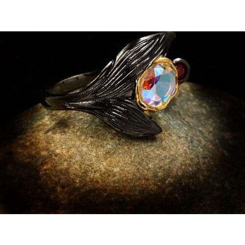 Vintage Female Oval Moonstone Open Ring Classic 14KT Black Gold Wedding Ring Luxury Crystal Fish Tail Engagement Rings For Women