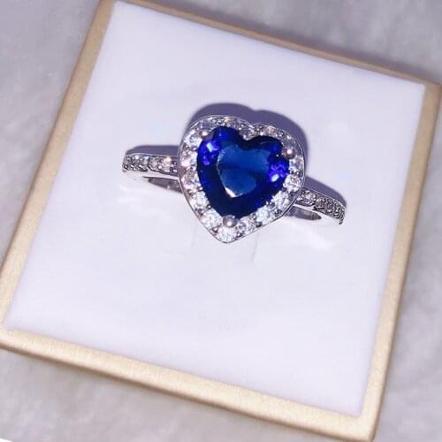 Japanese And Korean Version Of Heart-shaped Blue Crystal Ring Romantic temperament Fashion Ladies Engagement