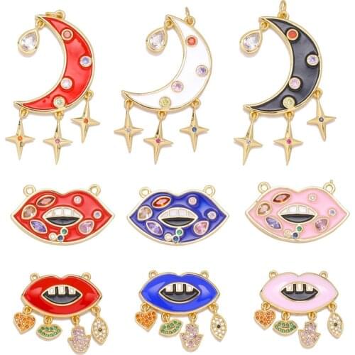 Juya DIY Multicolor Handmade Enamel Lip Crescent Moon Star Evil Eye Charms For Fashion Pendant Rosary Jewelry Making Supplies