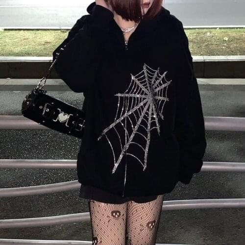 Gothic Punk Hooded Women Rhinestone Spider Web Rhinestone Zipper Hoodie Fairy Grunge Dark Academia Jacket Harajuku Sweatshirts