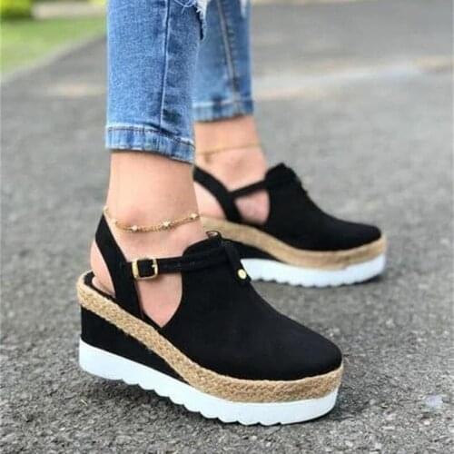 Women Sandals Vintage Wedge Shoes Woman Buckle Strap Straw Thick Heel Flats Platform Sandals Female Footwear Summer
