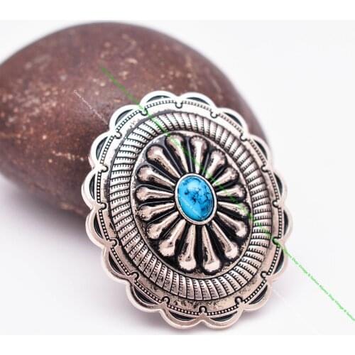 6pc 44*38mm Tribal Traditional Flower Pattern Sky Blue Stone Western Saddle Tack Hardware Accessories Concho With Long Screw
