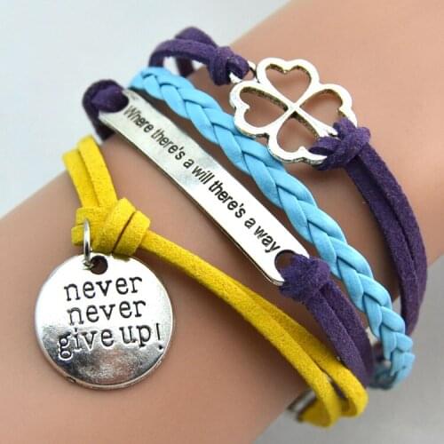 Retail and wholesale infinity lucky flower never give up imitation leather bracelet