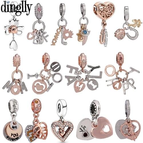 Dinglly Two-color Rose Gold Dangle Charm Beaded Fit Bracelets Diy Word Family Happy Pendant Original Bangles Jewelry Accessories