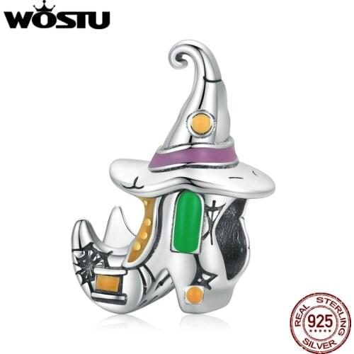 WOSTU 925 Sterling Silver Halloween Witch Magic Hat Shoe House Charm Charm Beads Fit Original Bracelet DIY Jewelry CQC1957