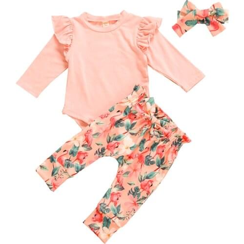Citgeett Spring Autumn Newborn Girls Boys Fashion Outfits Infant Long Sleeve Pink Ruffle Romper Floral Bow Pants Headband Set