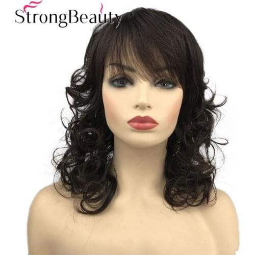 StrongBeauty Long Curly Wig Women Hair with Bangs Hairstyle Synthetic Wigs Heat Ok