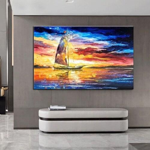 100% handmade sunset boat Scenery Oil Painting On Canvas Wall Art picture for room handpainted home Decoration no frame